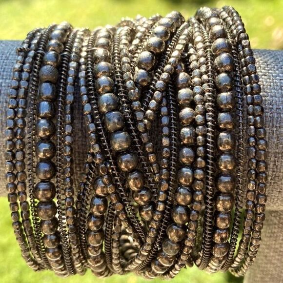 CLEOPATRA Vintage Copper Layered Beaded Braided Blingy Stretch Cuff Bracelet - Picture 9 of 12